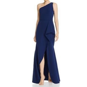Aidan by Aidan Mattox One-Shoulder Draped Crepe Dress Gown in Navy, size 2.